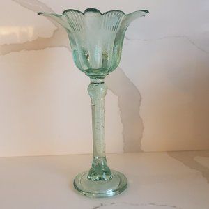 Tall Candle Holder Green Glass Recycled Glass Flower Design Handmade Footed